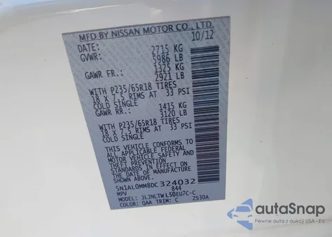 2013 Infiniti Jx35 z USA, uszkodzony, nr VIN 5N1AL0MM8DC324032